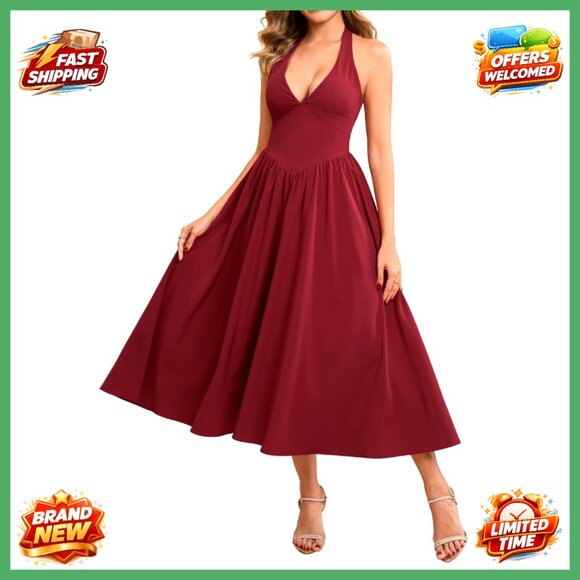 Women's Midi Dress Smocked Halter V Neck Flowy A Line Sundress